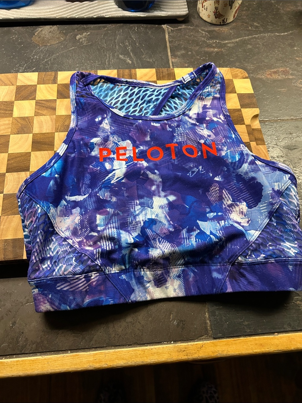 Peloton Blue Purple Abstract Athletic Sports Bra with Orange Logo